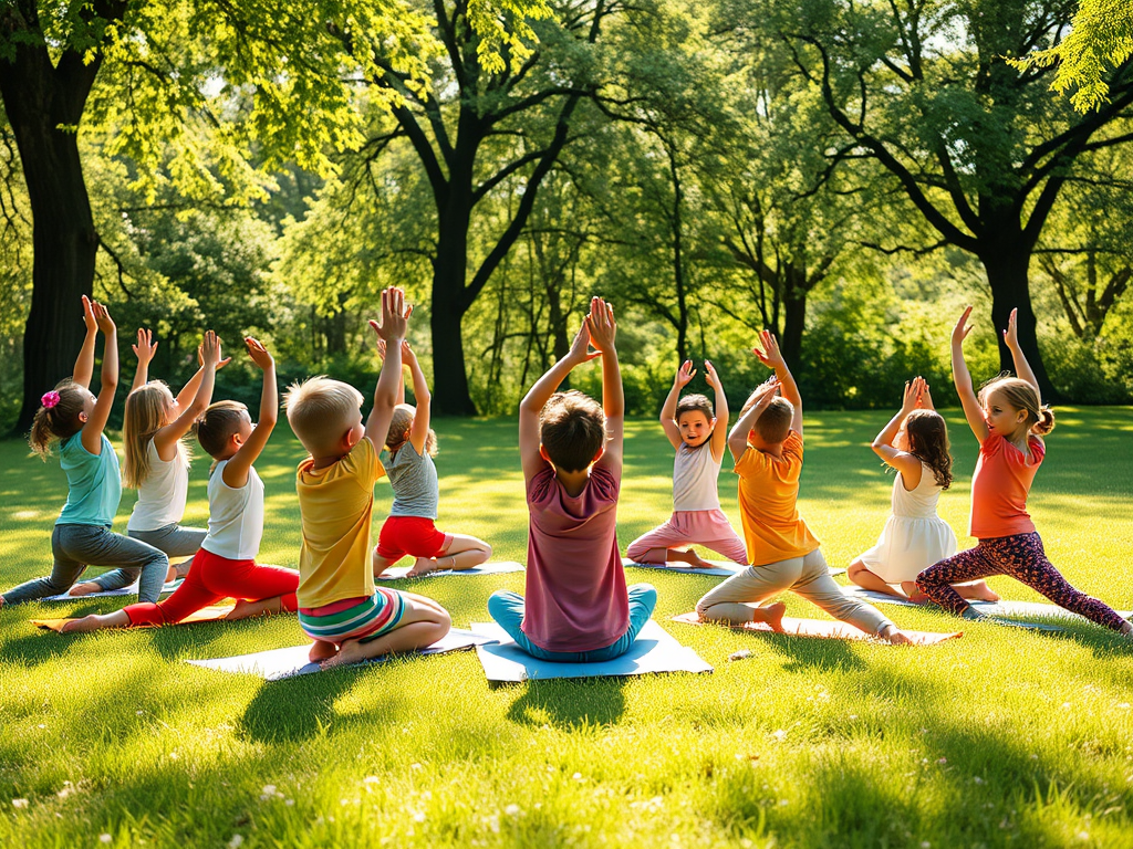"A peaceful children's yoga class outdoors" "diverse kids in colorful yoga poses" "a calm teacher guiding them" "sunlight filtering through green trees" "soft grassy field with gentle flowers" "warm, inviting atmosphere"