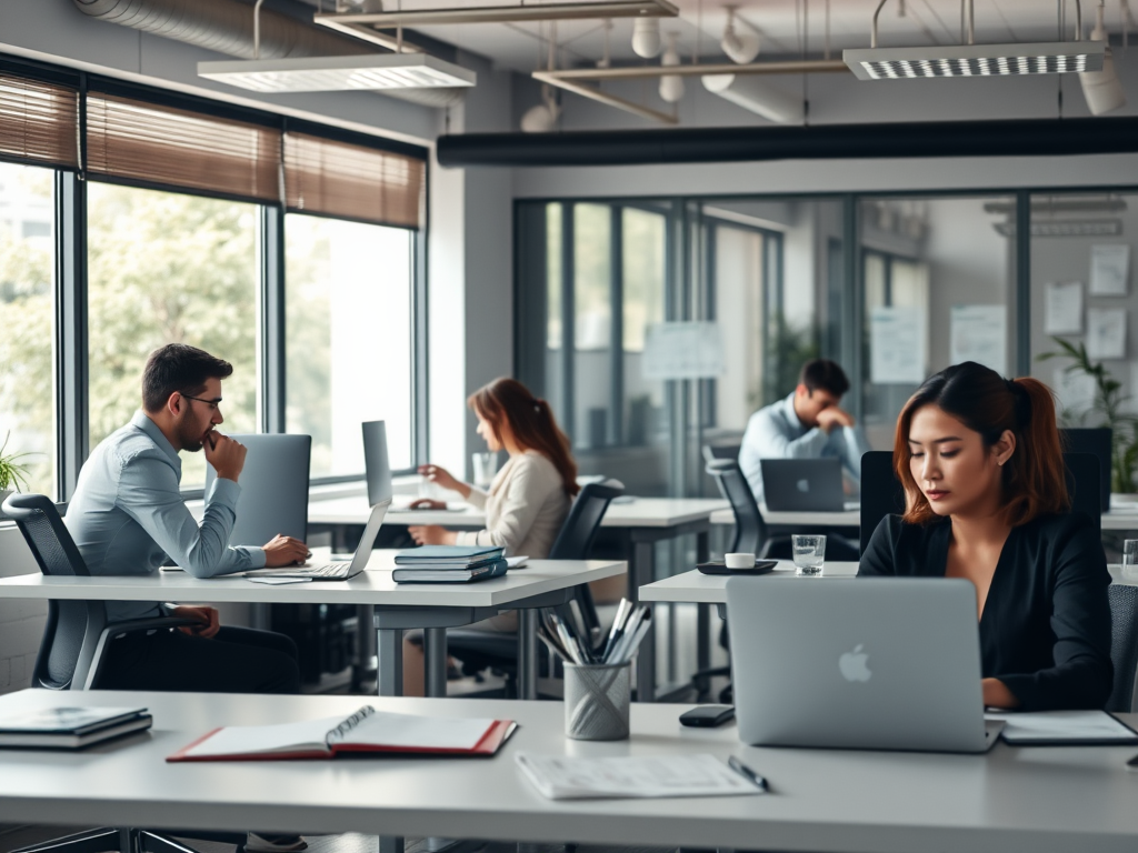 "a calm office scene" "people peacefully working at desks" "organized workspace with planners and laptops" "soft natural light filtering through windows" "expressions of focus and relaxation" "subtle hints of teamwork and support"