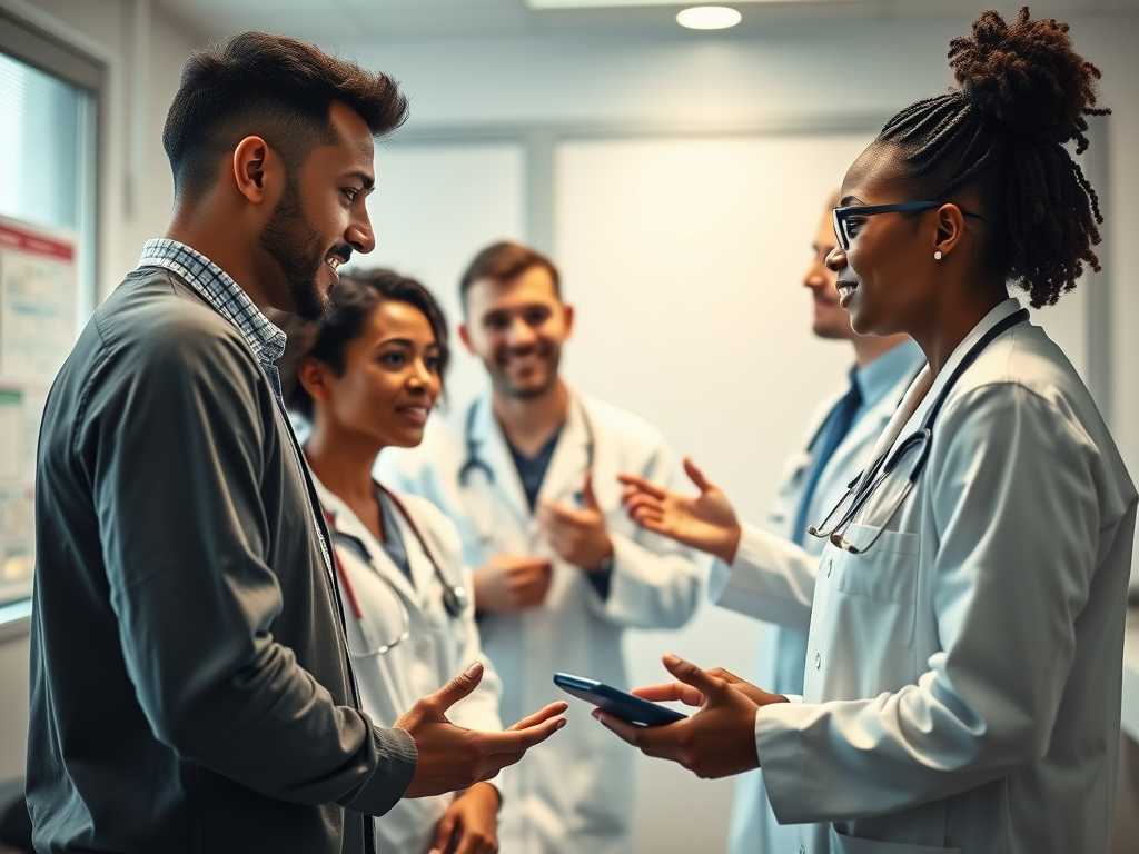 "diverse healthcare professionals" "engaged in conversation" "calm clinical environment" "warm lighting" "empathetic expressions" "gestures showing active listening" "multidisciplinary team collaboration" "medical charts and digital devices nearby"