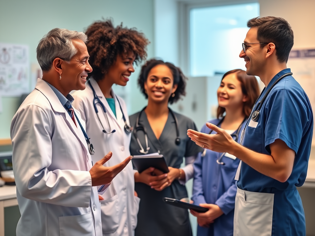"diverse healthcare professionals" "engaged in conversation" "calm clinical environment" "warm lighting" "empathetic expressions" "gestures showing active listening" "multidisciplinary team collaboration" "medical charts and digital devices nearby"