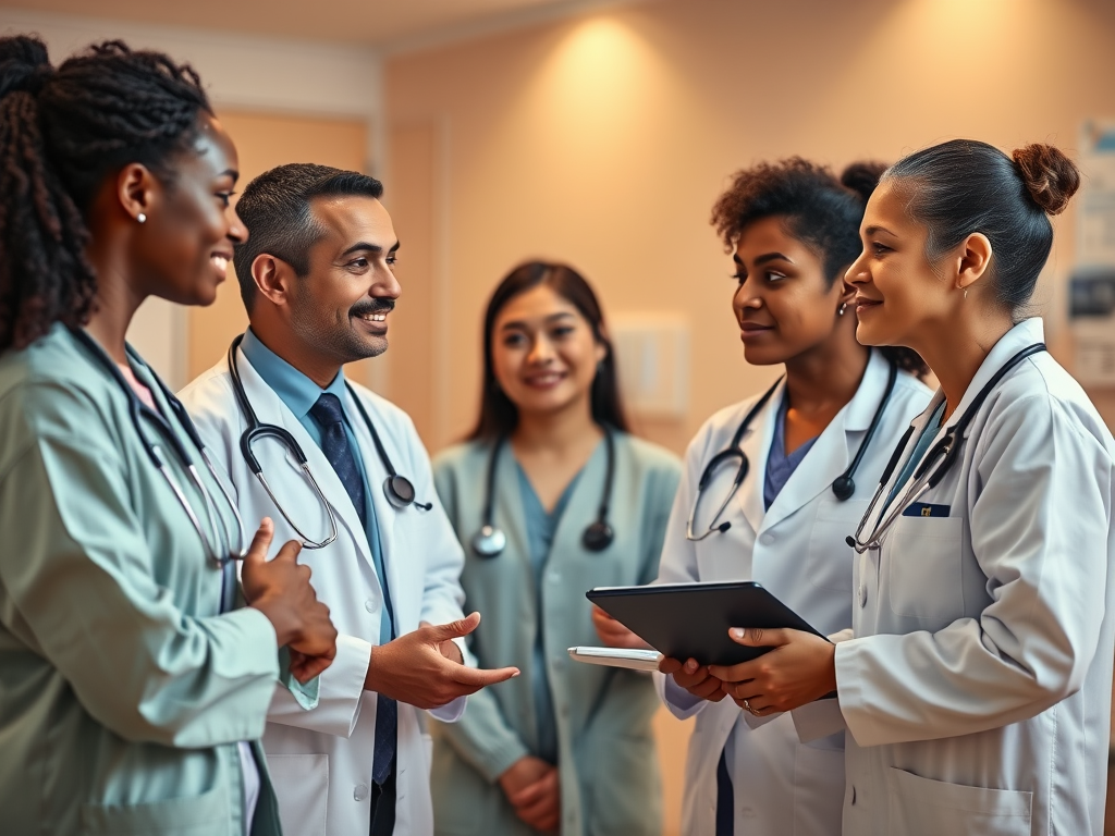 "diverse healthcare professionals" "engaged in conversation" "calm clinical environment" "warm lighting" "empathetic expressions" "gestures showing active listening" "multidisciplinary team collaboration" "medical charts and digital devices nearby"