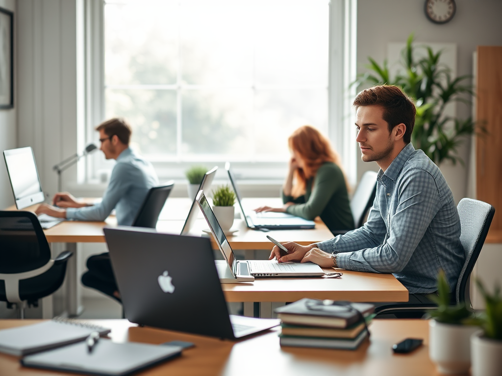 "a calm office scene" "people peacefully working at desks" "organized workspace with planners and laptops" "soft natural light filtering through windows" "expressions of focus and relaxation" "subtle hints of teamwork and support"