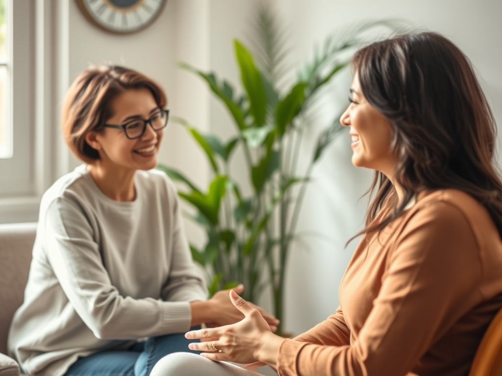 "calm coaching session" "one-on-one conversation" "serene office with soft lighting" "supportive body language" "warm, inviting colors" "expressions of confidence and peace" "natural plants in background"