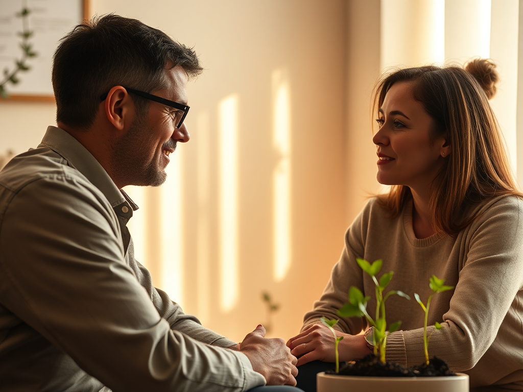 "a serene coaching session between two people" "one person attentively listening" "calm, warm room with soft lighting" "symbols of growth like sprouting plants" "focused expressions and open body language" "elements representing breakthrough and transform