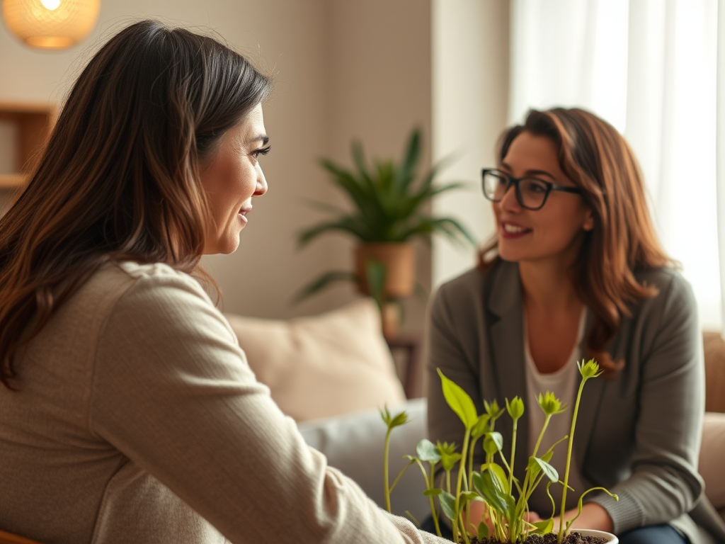 "a serene coaching session between two people" "one person attentively listening" "calm, warm room with soft lighting" "symbols of growth like sprouting plants" "focused expressions and open body language" "elements representing breakthrough and transform
