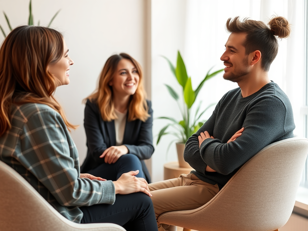 "calm coaching session" "one-on-one conversation" "serene office with soft lighting" "supportive body language" "warm, inviting colors" "expressions of confidence and peace" "natural plants in background"