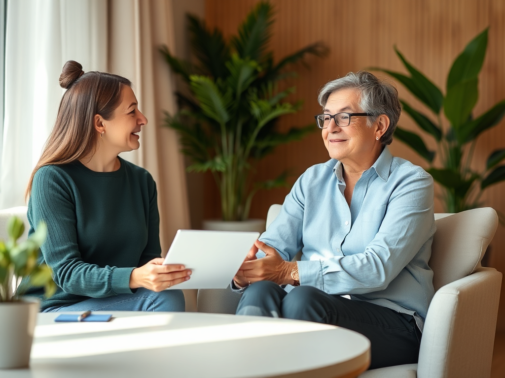 "calm coaching session" "one-on-one conversation" "serene office with soft lighting" "supportive body language" "warm, inviting colors" "expressions of confidence and peace" "natural plants in background"