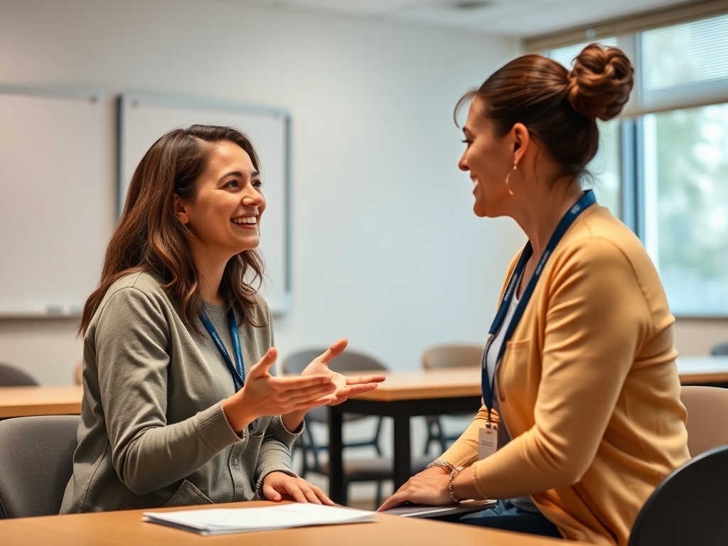 A compassionate, professional caregiver in a calm, well-lit training room, practicing boundary-setting with a colleague through warm, clear communication and supportive body language.