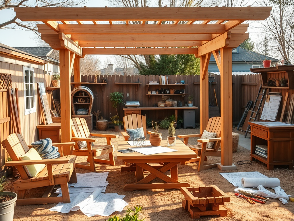 "a cozy backyard workshop" with "wooden garden furniture" and "partially built pergola" surrounded by "blueprints, tools, and material lists" in warm natural light.