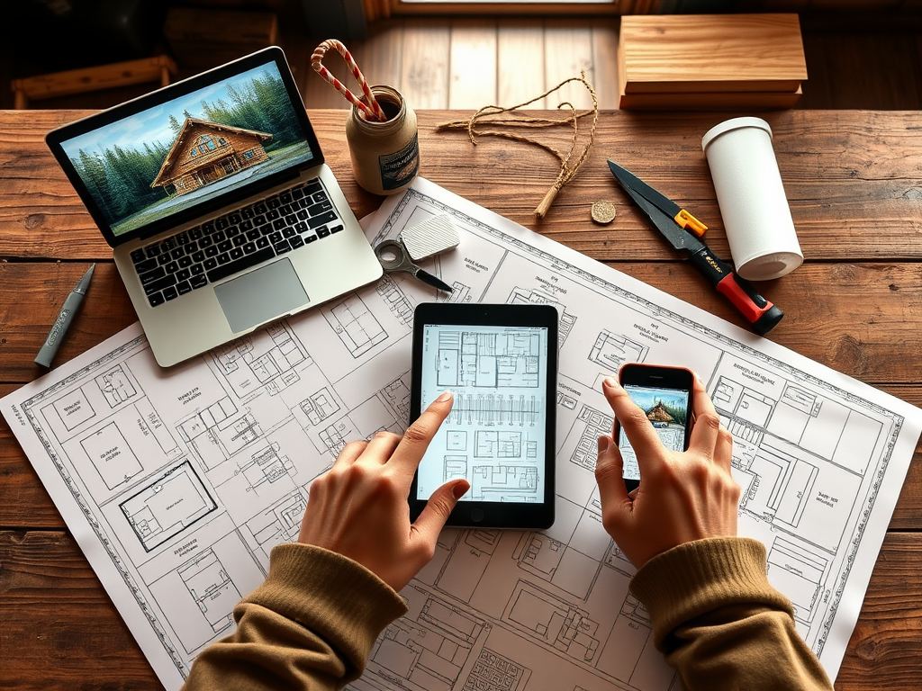 "a cozy wooden cabin blueprint spread on a rustic table" "laptop, tablet, and phone displaying building plans" "hands pointing at the screen" "warm natural lighting" "tools scattered nearby"