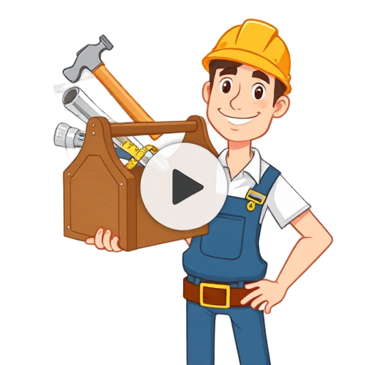 "stacked blueprints" "wooden toolbox" "claw hammer" "measuring tape" "video play button" "smiling builder"