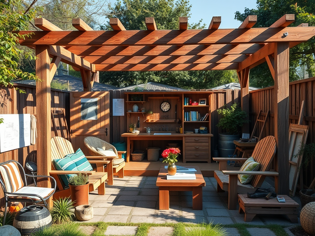 "a cozy backyard workshop" with "wooden garden furniture" and "partially built pergola" surrounded by "blueprints, tools, and material lists" in warm natural light.