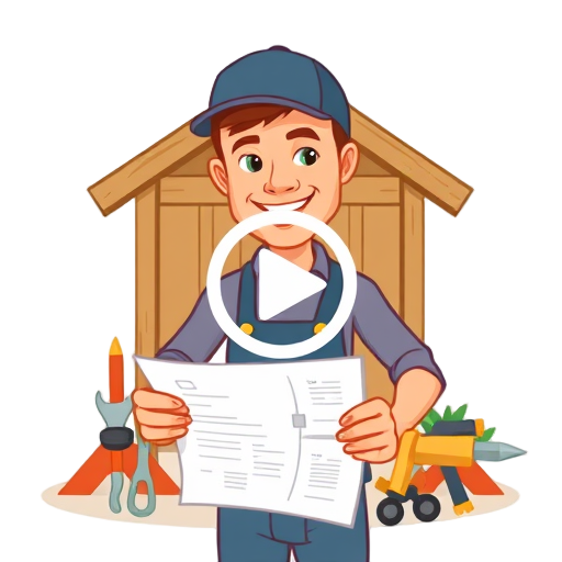 "handyman" "blueprints" "tools" "wood planks" "garden shed" "birdhouse" "carport" "materials list" "video play button"