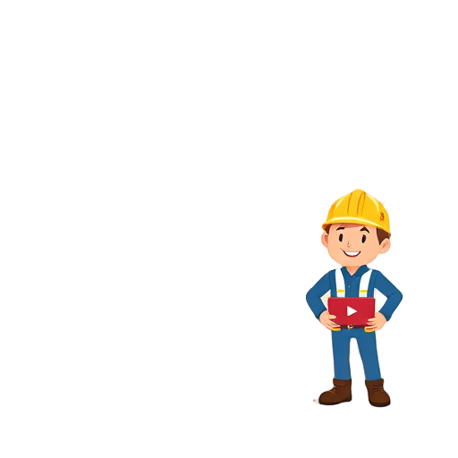 "stack of blueprints" "wooden house frame" "toolbox and tools" "video play button" "happy builder figure"