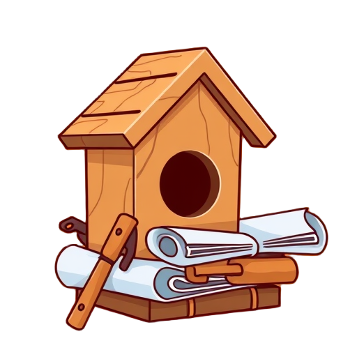 "wooden birdhouse" "construction tools" "blueprints stack"
