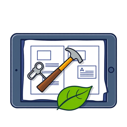 "Open blueprint" "Digital tablet" "Hammer crossed" "Green leaf"