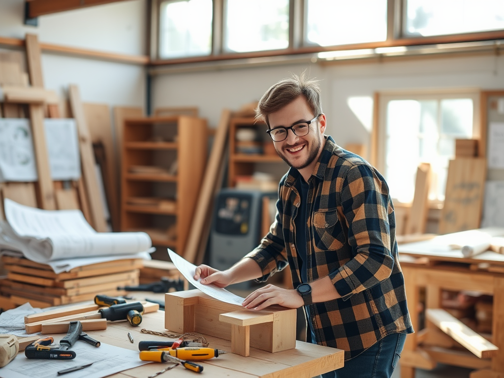 "enthusiastic DIY person" "working on wooden furniture" "blueprints and tools scattered" "sunlit workshop" "inspirational, focused atmosphere" "natural wood textures" "step-by-step project setup"