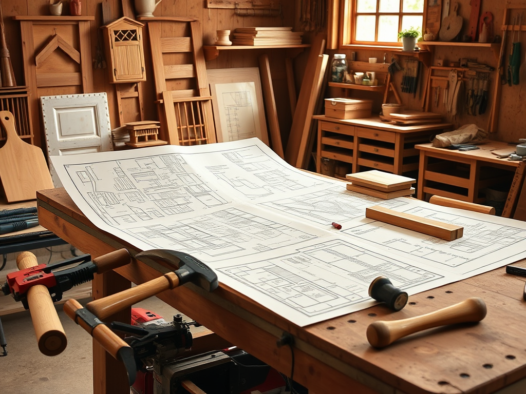 "detailed woodworking blueprints spread out" "various wooden furniture pieces and garden projects in progress" "tools like saws and hammers on a workbench" "a cozy workshop with natural light"
