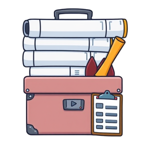 "stack of blueprints" "toolbox" "video play button" "house and garden" "checklist clipboard"