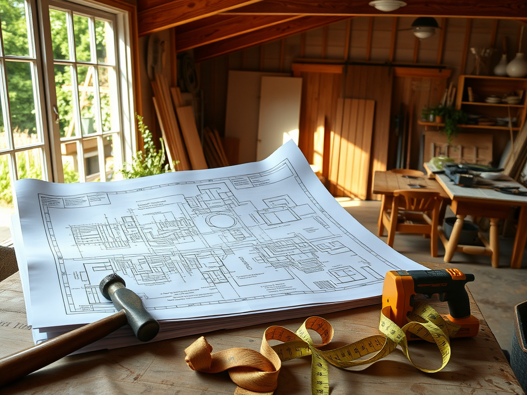 "a large stack of detailed architectural blueprints spread out" "tools like a hammer, saw, and measuring tape nearby" "a cozy home workshop with wooden furniture in progress" "sunlight streaming through a window illuminating the workspace" "green garden v