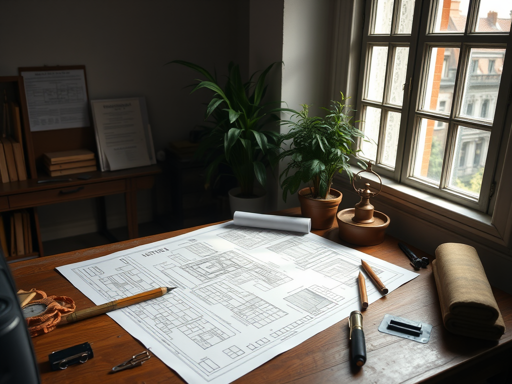 "an architect's workspace" with "detailed blueprints spread on a wooden table," "vintage drafting tools," "soft natural light filtering through a window," "green potted plant in the corner"