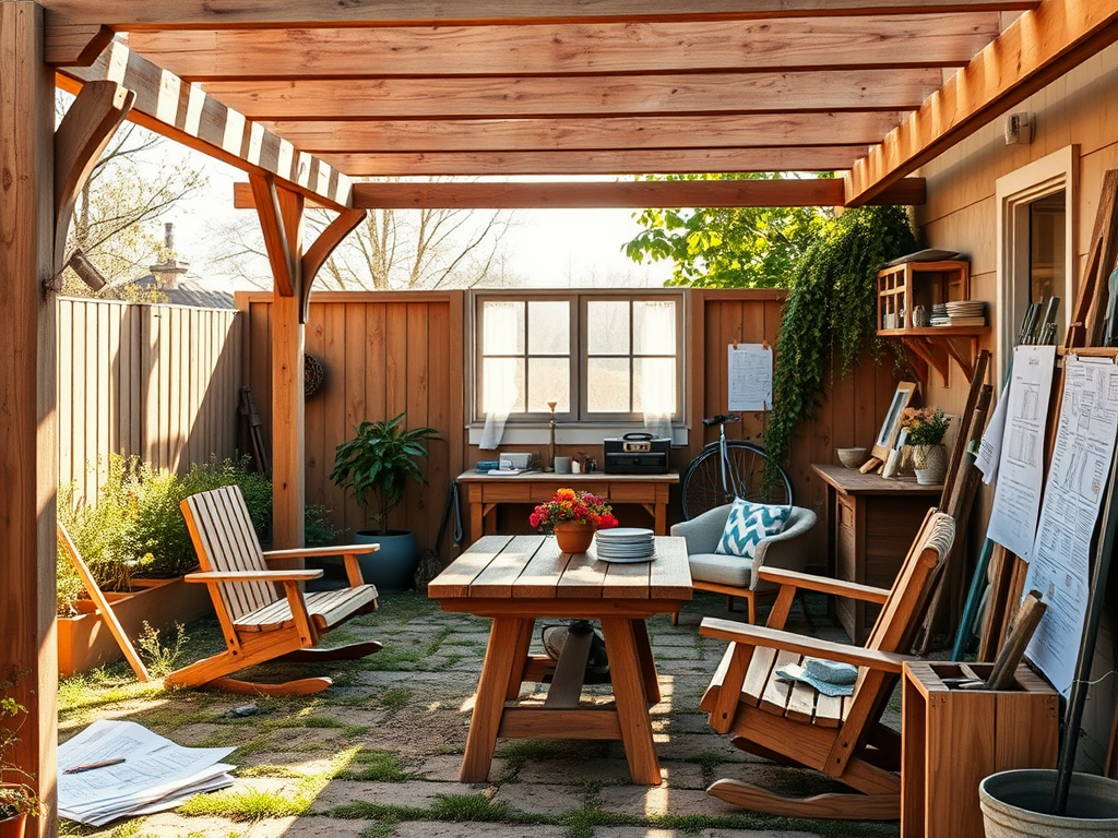 "a cozy backyard workshop" with "wooden garden furniture" and "partially built pergola" surrounded by "blueprints, tools, and material lists" in warm natural light.