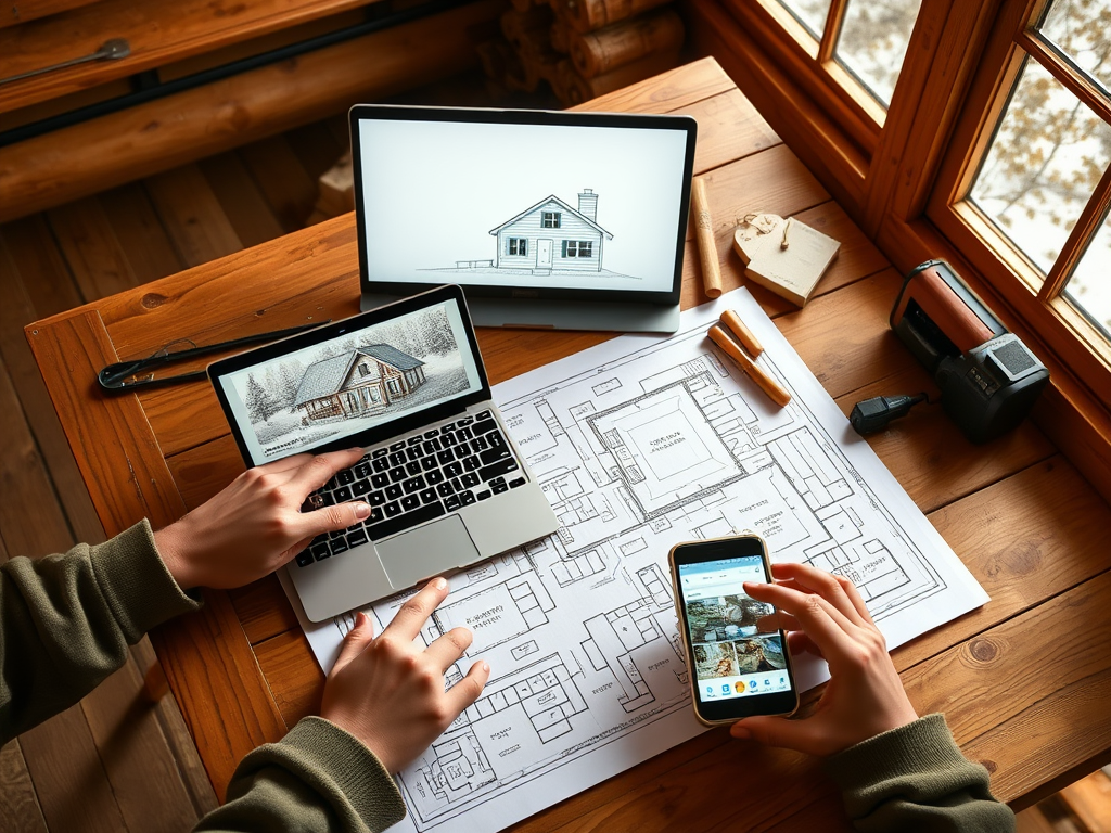 "a cozy wooden cabin blueprint spread on a rustic table" "laptop, tablet, and phone displaying building plans" "hands pointing at the screen" "warm natural lighting" "tools scattered nearby"