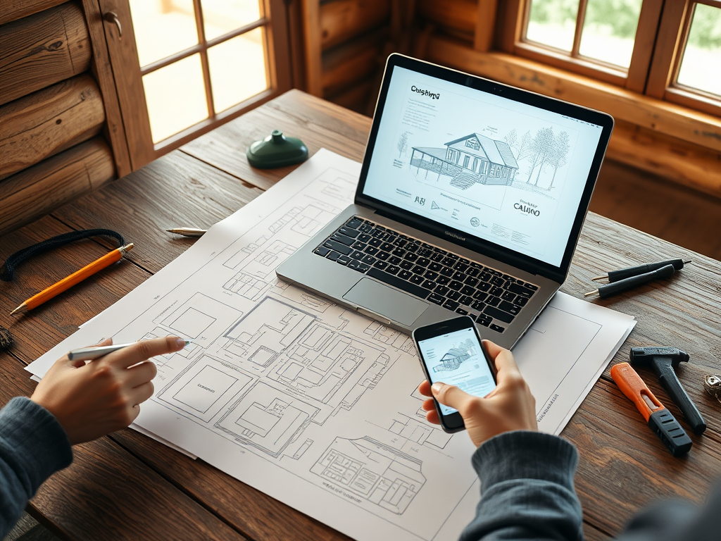 "a cozy wooden cabin blueprint spread on a rustic table" "laptop, tablet, and phone displaying building plans" "hands pointing at the screen" "warm natural lighting" "tools scattered nearby"