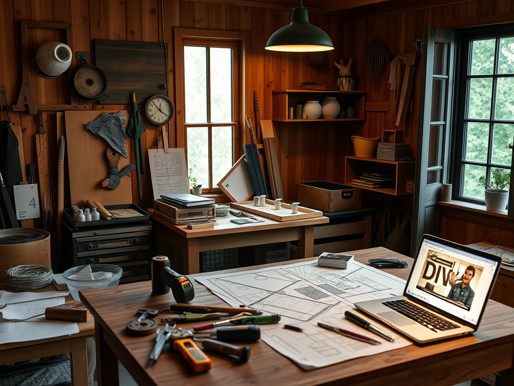 "A cozy wooden workshop" "blueprints and tools scattered on a table" "a glowing laptop showing project videos" "natural light streaming through a window" "someone excitedly starting a DIY project"