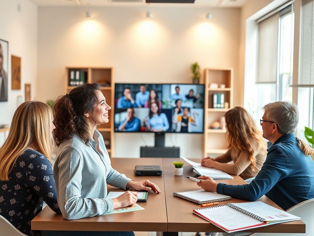 "A confident female dietitian leads a diverse online group in a bright, modern virtual meeting room, warm lighting, collaborative atmosphere, charts and notebooks open."