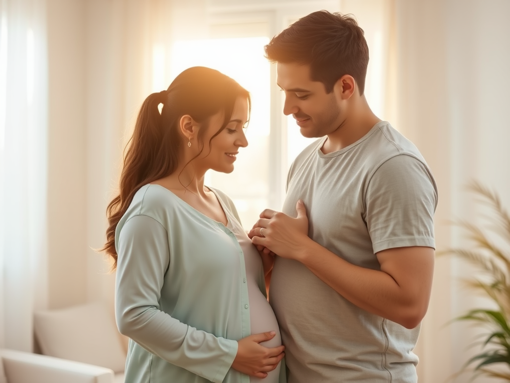 A serene couple in a sunlit room, "expectant mother" gently breathing, "partner" offering supportive touch, soft pastel colors, calming atmosphere, warm light.