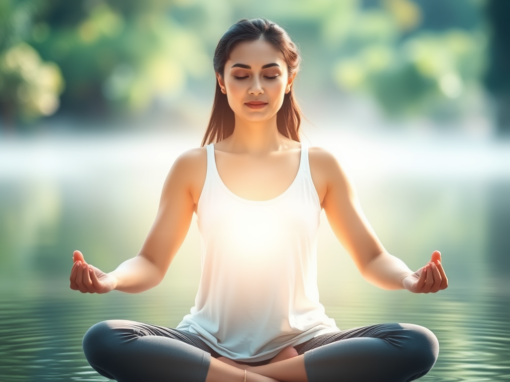 A serene woman meditating "soft glowing light" "gentle nature background" "peaceful expression" "balanced posture" "calm water reflection"