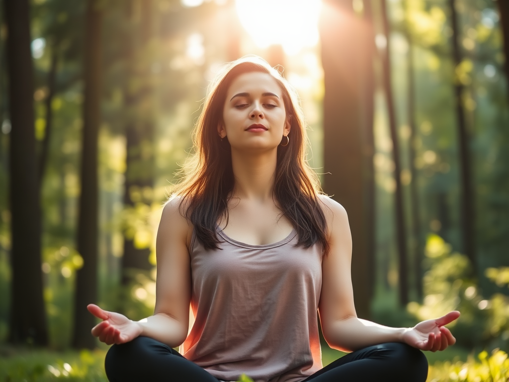 "calm woman meditating in nature" "sunlight filtering through tall trees" "soft green forest background" "peaceful expression" "gentle breeze moving leaves" "serene and empowering atmosphere"