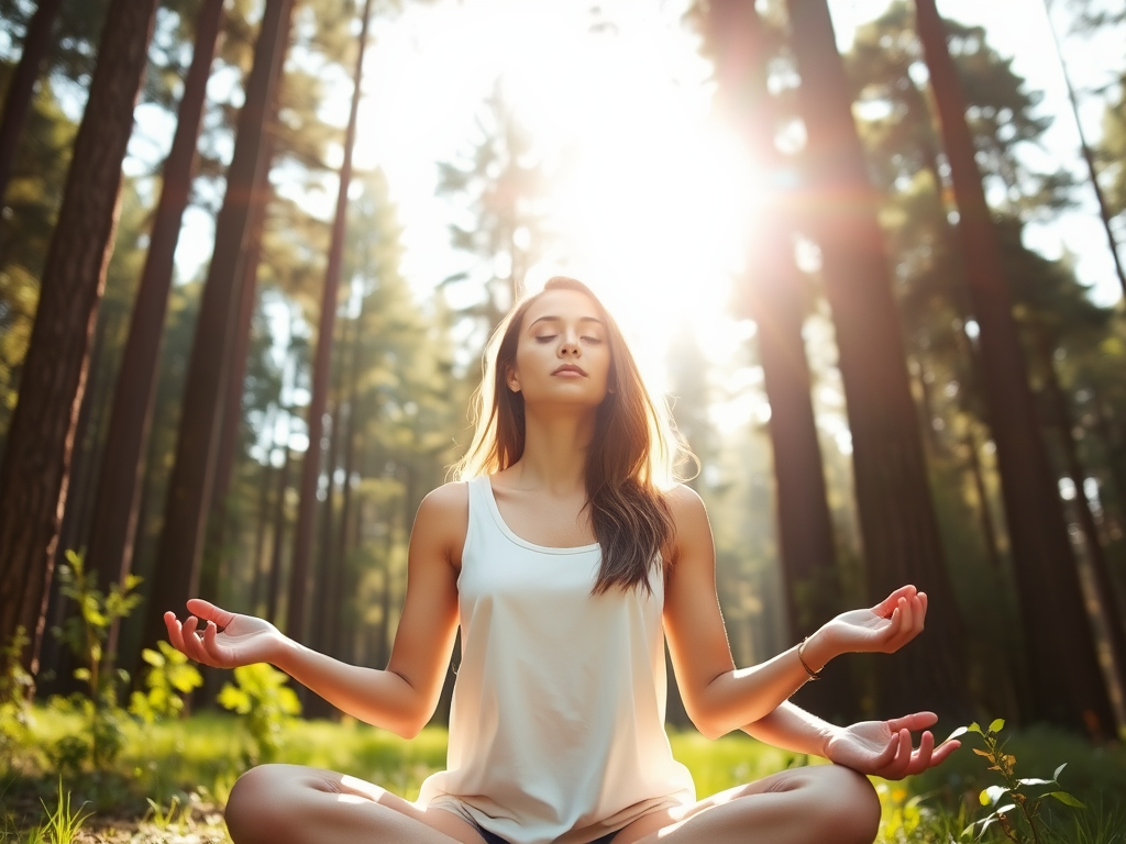 "calm woman meditating in nature" "sunlight filtering through tall trees" "soft green forest background" "peaceful expression" "gentle breeze moving leaves" "serene and empowering atmosphere"