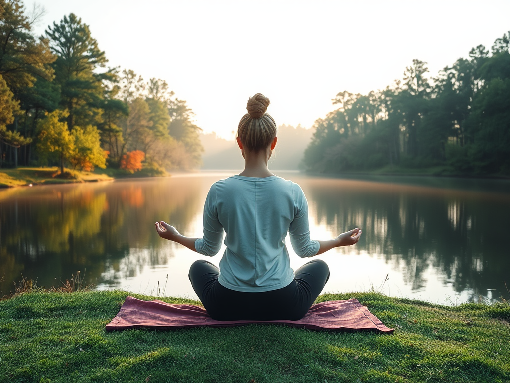 "serene woman meditating" "morning light filtering through trees" "calm lake reflecting sky" "soft pastel colors" "peaceful nature setting" "gentle breeze moving leaves"