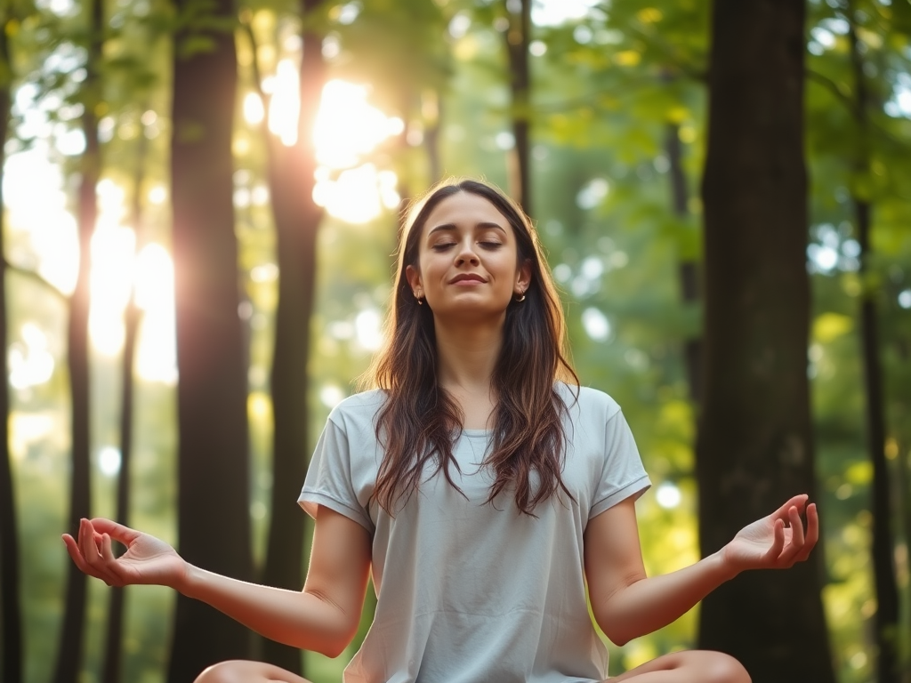 "calm woman meditating in nature" "sunlight filtering through tall trees" "soft green forest background" "peaceful expression" "gentle breeze moving leaves" "serene and empowering atmosphere"