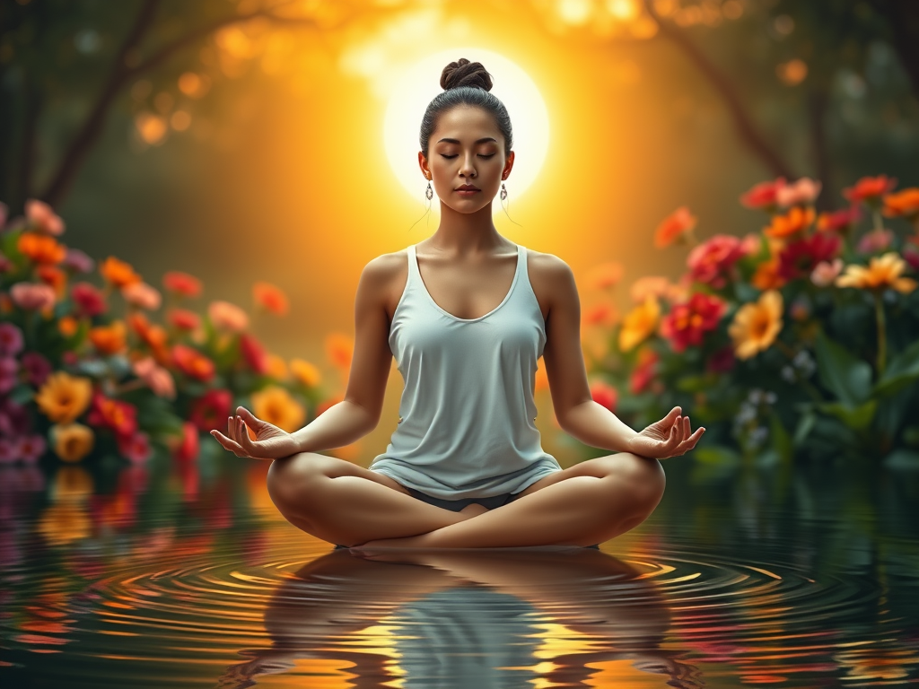 "A serene person meditating" "soft glowing light around them" "nature background with vibrant flowers" "calm water reflecting sunrise" "symbolizing balance and inner strength"