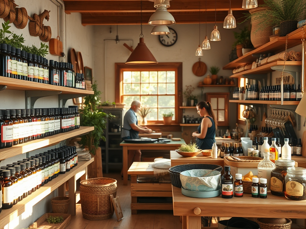 A cozy workshop setting with "essential oil bottles" on wooden shelves, "people crafting natural products," soft "sunlight streaming," and a warm, inviting atmosphere.