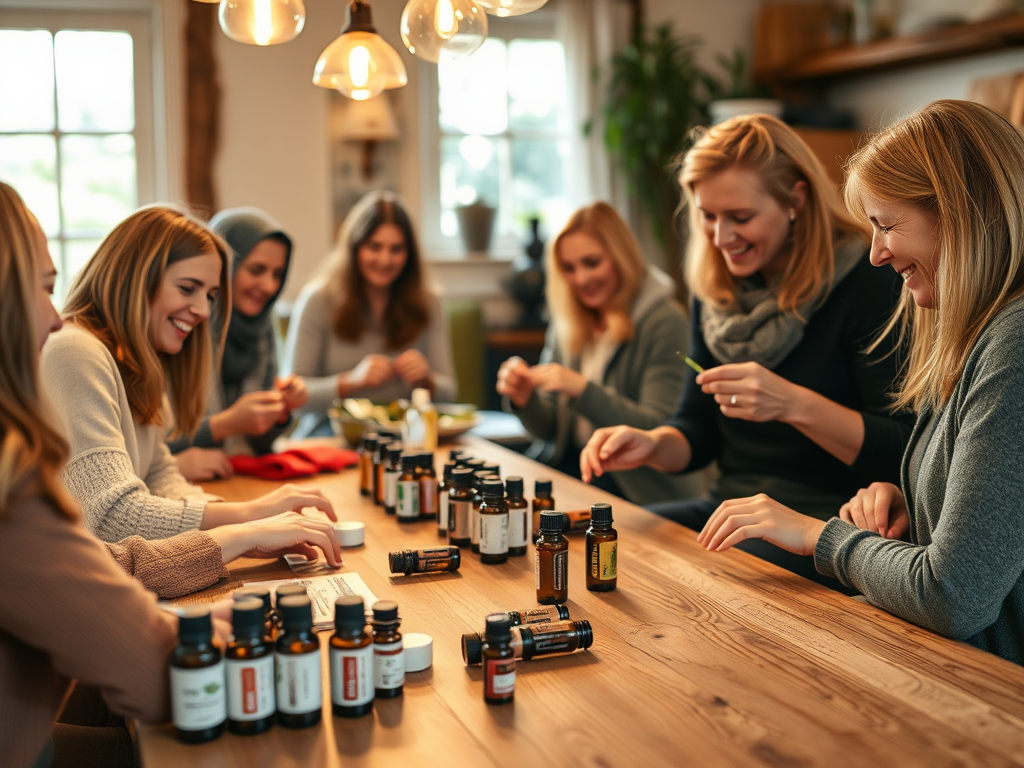 "cozy workshop setting" "people smiling and making essential oil rollers" "bright, warm lighting" "bottles of essential oils on wooden table" "calm, natural atmosphere" "friendly instructor guiding participants"