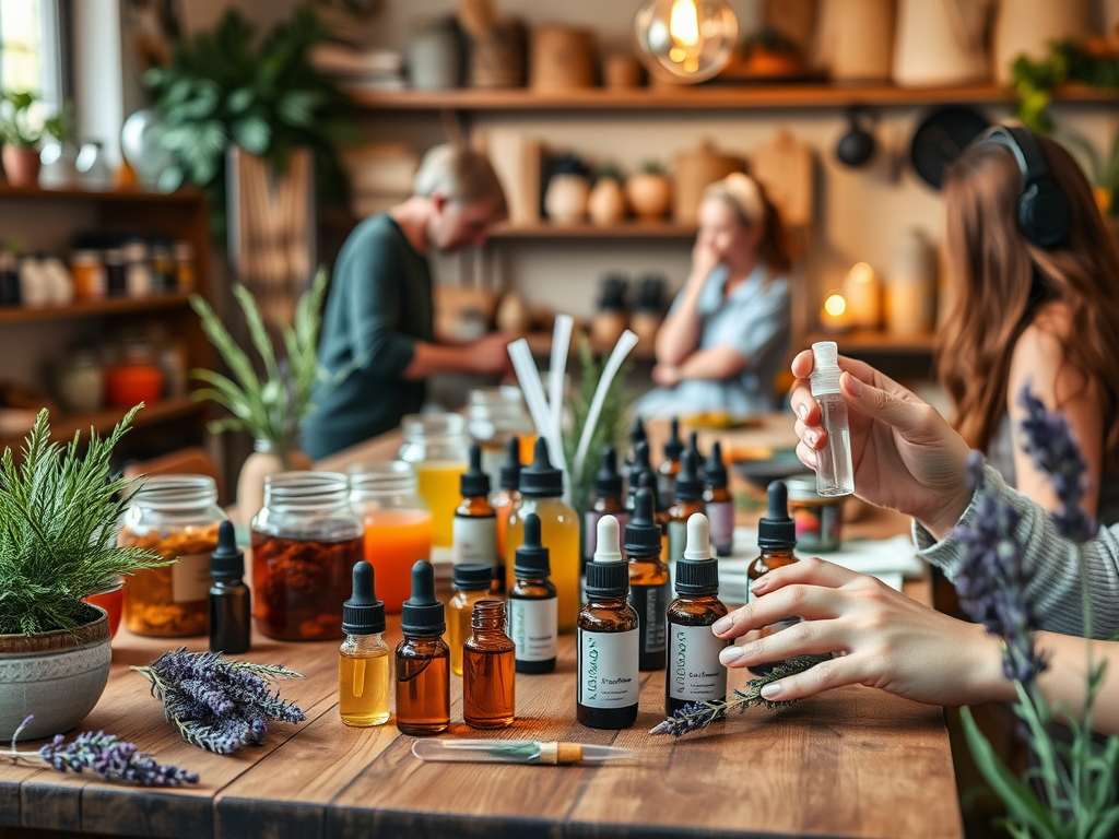 "a cozy workshop setting" "jars of colorful essential oils" "people happily mixing natural ingredients" "wooden table with small bottles and droppers" "soft, warm lighting creating a calm atmosphere" "green plants and lavender sprigs around" "hands crafti