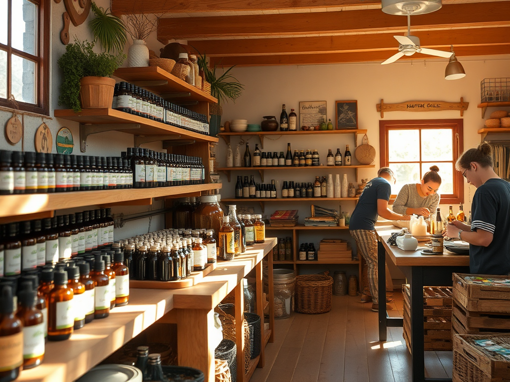 A cozy workshop setting with "essential oil bottles" on wooden shelves, "people crafting natural products," soft "sunlight streaming," and a warm, inviting atmosphere.