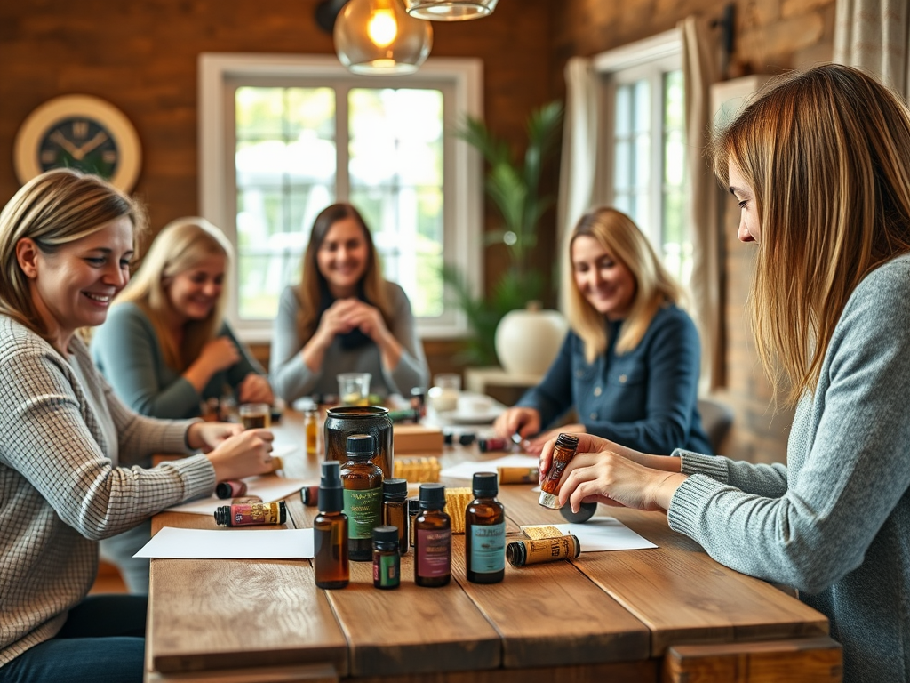"cozy workshop setting" "people smiling and making essential oil rollers" "bright, warm lighting" "bottles of essential oils on wooden table" "calm, natural atmosphere" "friendly instructor guiding participants"
