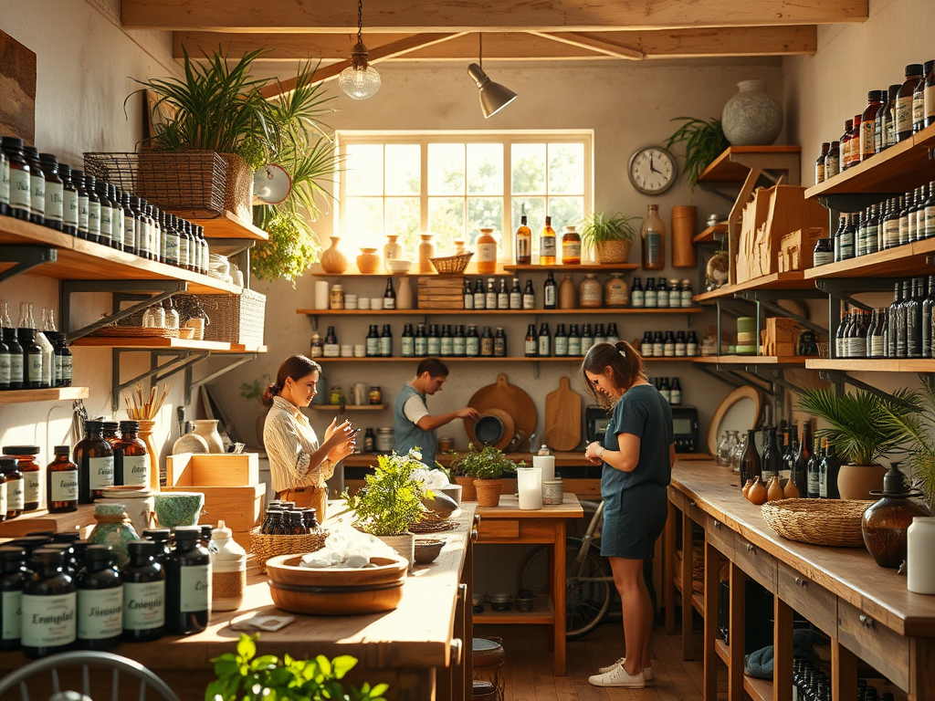 A cozy workshop setting with "essential oil bottles" on wooden shelves, "people crafting natural products," soft "sunlight streaming," and a warm, inviting atmosphere.