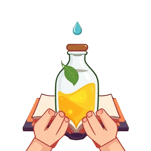 "small bottle" "droplet falling" "leaf sprig" "hands holding" "open book" "smiling face" "home interior"