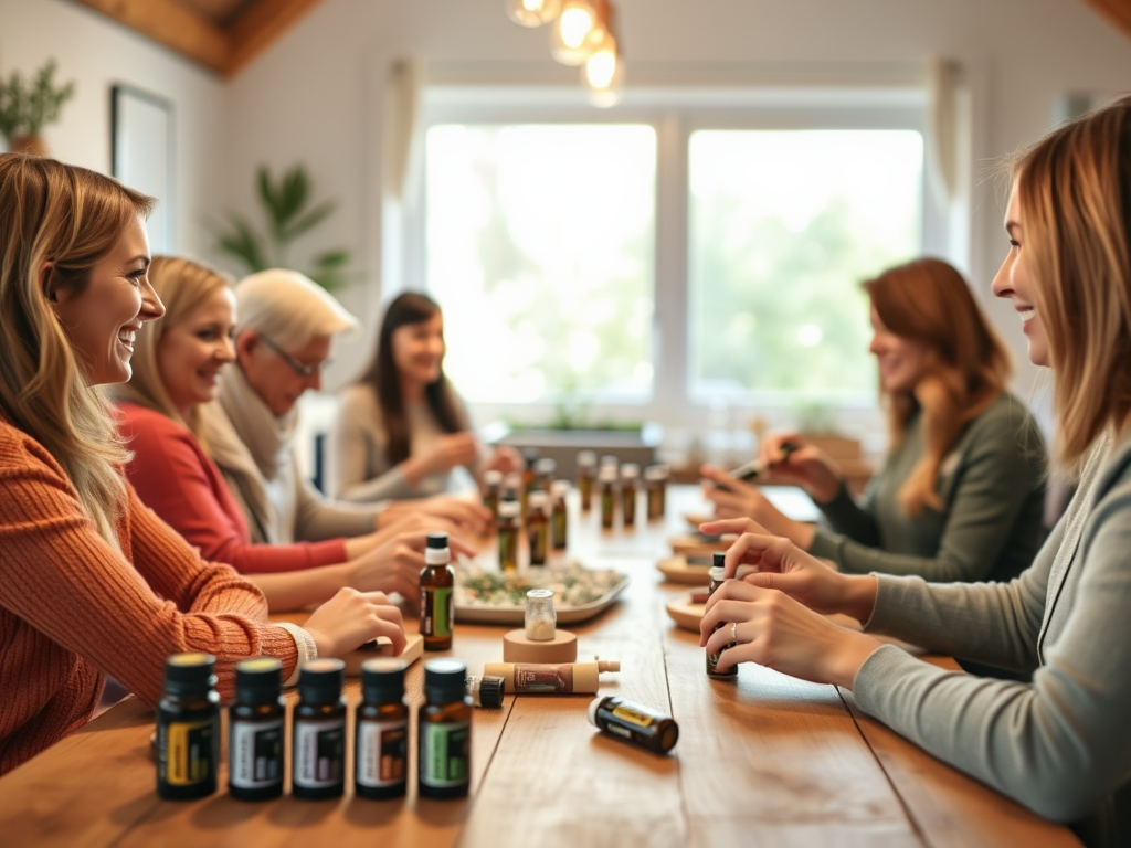 "cozy workshop setting" "people smiling and making essential oil rollers" "bright, warm lighting" "bottles of essential oils on wooden table" "calm, natural atmosphere" "friendly instructor guiding participants"