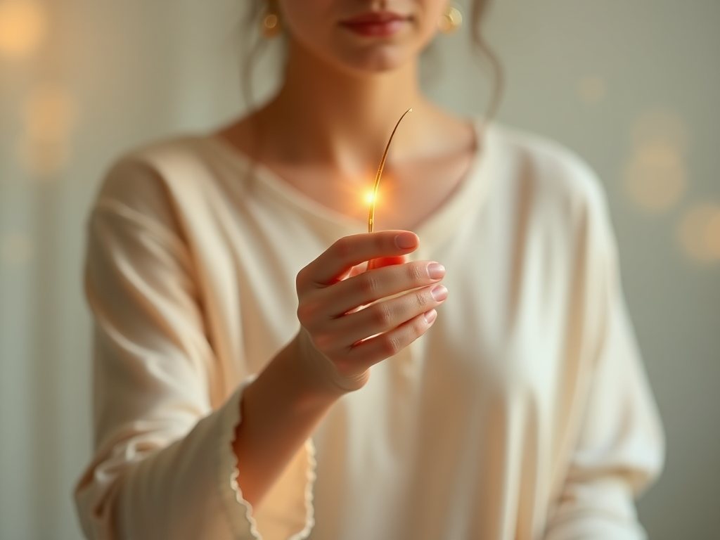 A serene scene with a person holding a delicate, flexible rod glowing softly, surrounded by subtle energy waves and gentle light, symbolizing connection to mind and body.