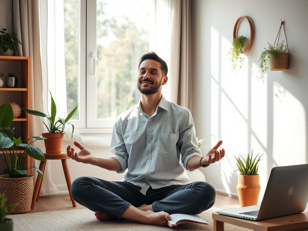 A calm entrepreneur meditating "soft morning light" "peaceful home office" "plants and cozy chair" "open window with gentle breeze" "notes and laptop nearby" "serene expression, relaxed posture"