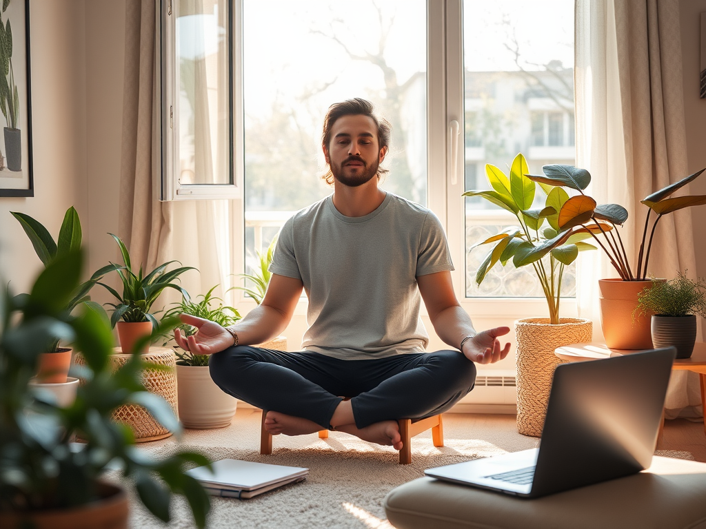 A calm entrepreneur meditating "soft morning light" "peaceful home office" "plants and cozy chair" "open window with gentle breeze" "notes and laptop nearby" "serene expression, relaxed posture"