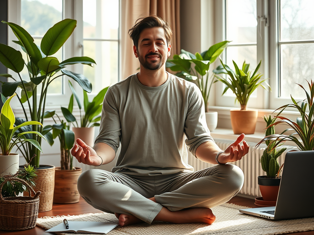 A calm entrepreneur meditating "soft morning light" "peaceful home office" "plants and cozy chair" "open window with gentle breeze" "notes and laptop nearby" "serene expression, relaxed posture"