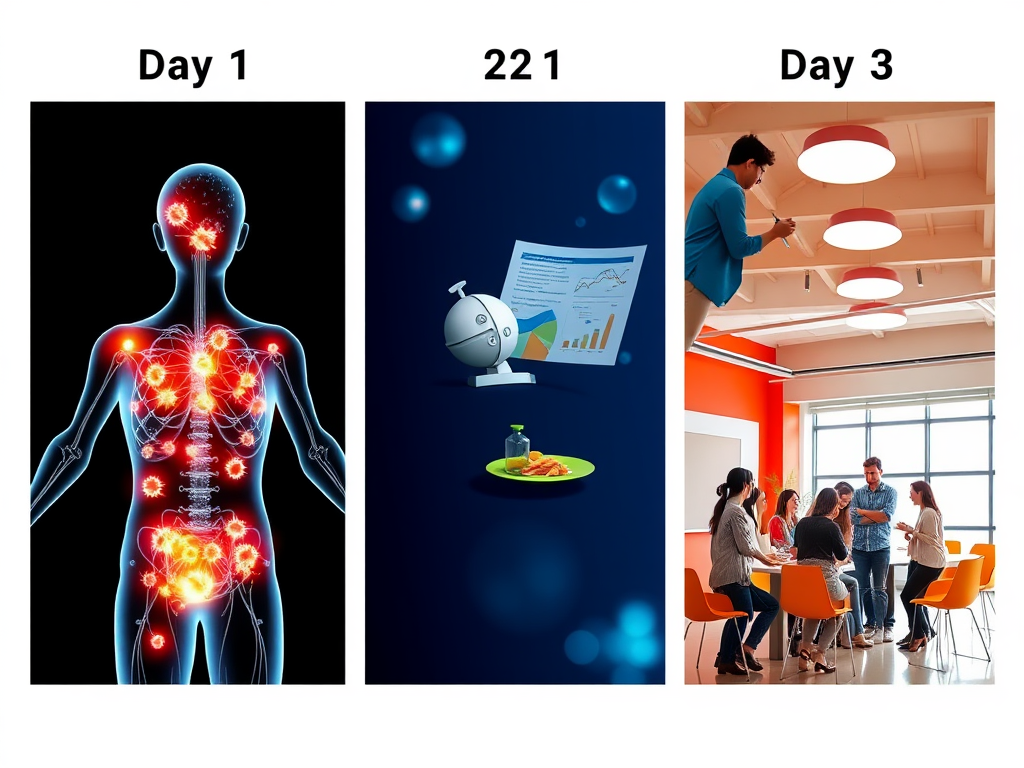 A dynamic triptych showing "Day 1
